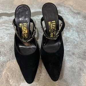 Salvatore Ferragamo Vintage Black Suede Chain Strap Pointed Toe Mule Heels